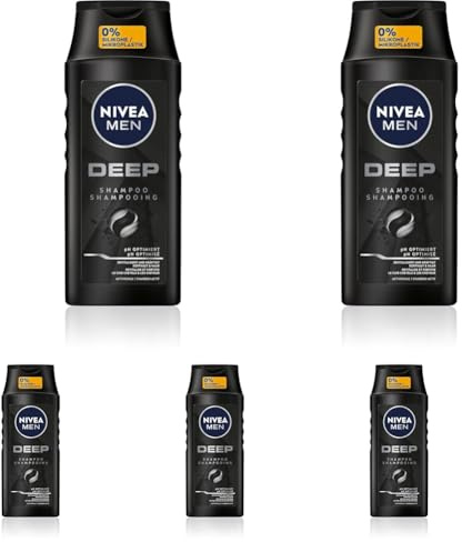 NIVEA MEN Deep Shampoo, Shampoo gegen fettige Haare mit Aktivkohle, revitalisierendes Männer Shampoo für ein langanhaltendes Frischegefühl, veganes Shampoo für Tiefenreinigung (250 ml) (Packung mit 5)