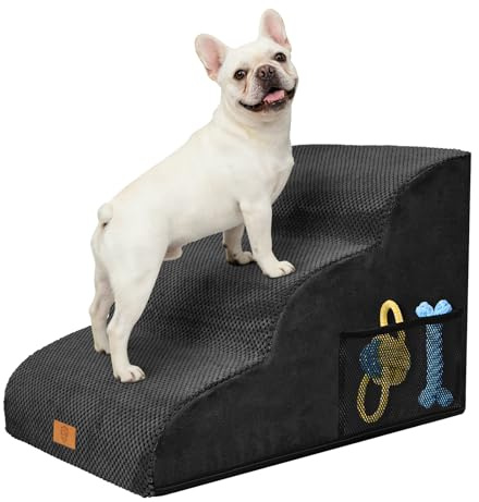 MASTERTOP Escaliers pour Chiens à 3 Marches en Mousse Haute Densité, Échelle Large pour Animaux de Compagnie, Escaliers Chien Antidérapant avec Housse Amovible pour Monter Canapé et Lit (Noir)