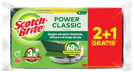 Scotch-Brite Power Classic - Esponja abrasiva antibacteriana 2 + 1, Ideal para la Limpieza Diaria de Platos, sartenes antiadherentes y Superficies de Cristal