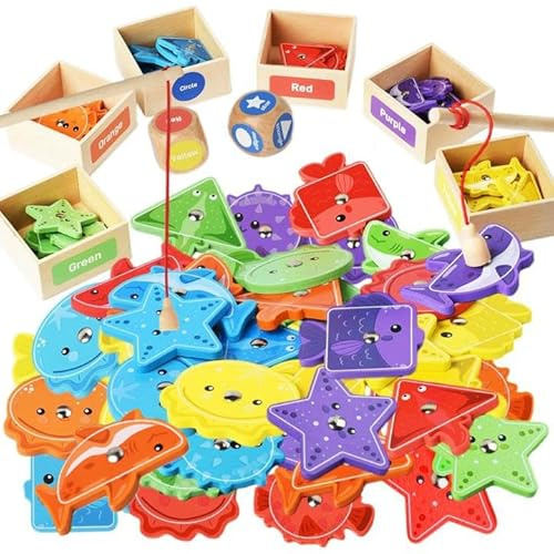Smartwo Juguetes Niños 2 3 Años Montessori, Juego Pescar Peces Magnetico, Juego Educativo Clasificar Formas y Colores, Motricidad Fina, Juguetes Sensoriales Autismo, Juguete de Madera, Regalo Bebe
