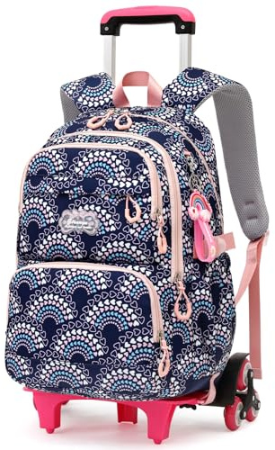 Amythe Kinderrucksack mit Rollen für Mädchen ab 8 Jahren, 16 Zoll Schulrucksack für Mädchen der Klassen 2-7, Lässiger Rucksack Daypack mit Trolley für Schule/Reisen, 6 Räder -Dunkelblau