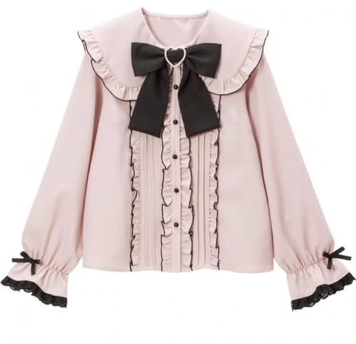 Pokn Jirai Kei Lolita Fashion Cutecore Clothes Kawaii Clothing Blouse Goth Shirt Women Lace Mesh Sheer Long Sleeve Blouse, Black-pink-2, Large