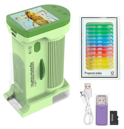 Microscopio Digital para Niños, Portátil Mini Microscopio de Bolsillo con HD Pantalla, 1000X Lupa Electronica con 12 muestras, Kit Explorador, Regalo para Niña 4 a 12 Años, Verde