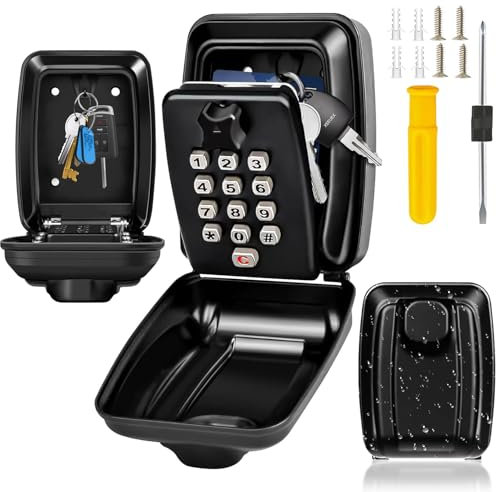 Pusjos Key Safe Wall Mounted,Key Lock Box Outdoor with Resettable 12-Digit Code,Weatherproof Cover for Outside Home Garage Office & School