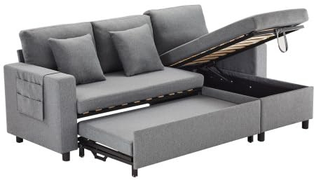 Modern bäddsoffa, hörnsoffa med sovfunktion och förvaringsutrymme, 3-sitsig L-formad soffa med fickkopphållare för vardagsrum, vänster och höger utbytbar schäslong (mörkgrå)