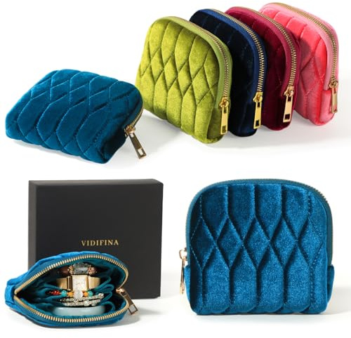 Vidifina Small Travel Jewelry Case, Mini Travel Jewelry Bag with Zipper, 5-Layer Velvet Organizer Pouch for Bracelet Rings Earrings - Diamond Stitched Velvet Teal Blue