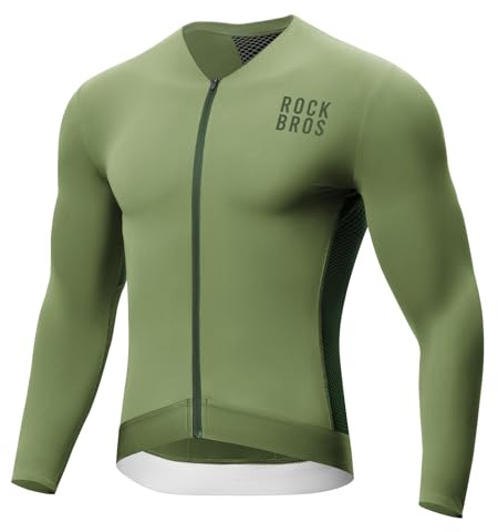 ROCKBROS Cykeltröja för män långärmad, cykeltröja med cykeltopp andas snabbtorkande med 3 fickor, reflekterande cykelshorts för MTB BMX, löpning cykling och vandring, gRÖN, S