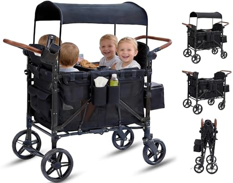 Wumagin Chariot pliable pour 2 à 4 enfants, double poignée de poussée, avec toit, 4 places pour excursions, plage, camping