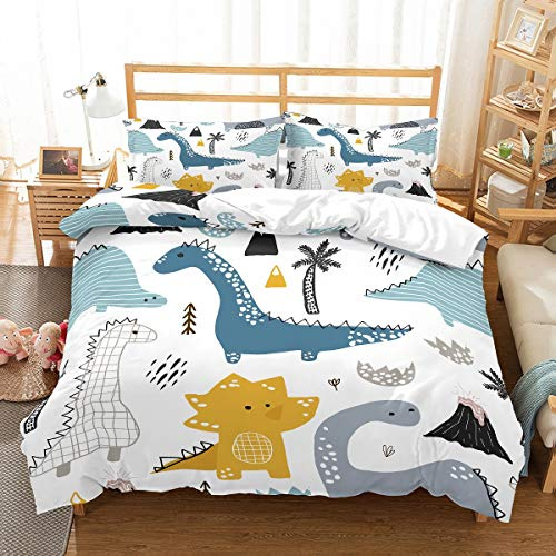 MOUMOUHOME Cartoon Dinos Boys Bedding Set Double Size Blue Gray Yellow Dinosaurs Trees Volcanos Printed 3D Duvet Cover Set White for Kids 3 Pieces No Comforter