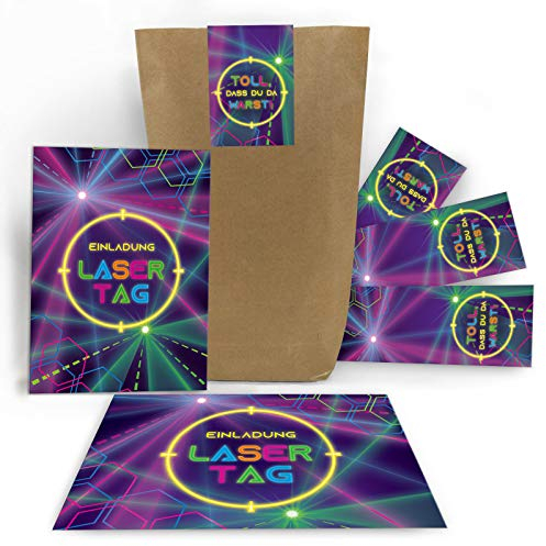 Junaversum 8 Einladungskarten zum Geburtstag Kindergeburtstag Lasertag Party Mädchen Jungen Erwachsene/Laser Tag incl. 8 Umschläge, 8 Tüten, 8 Aufkleber