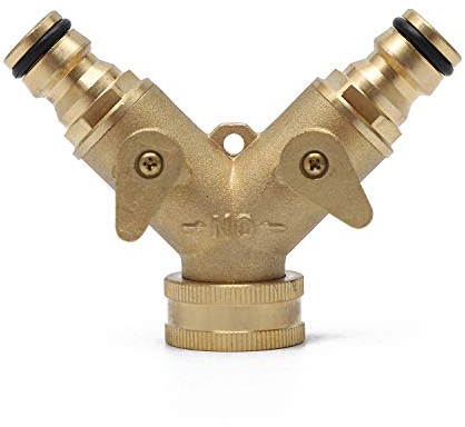 KATSU 2 Way Brass Tap Garden Hose Splitter, Y Valve Double Water Tap Divider Adaptor Hose Connector with Individual On/Off Valves for Outdoor Cleaning Irrigation