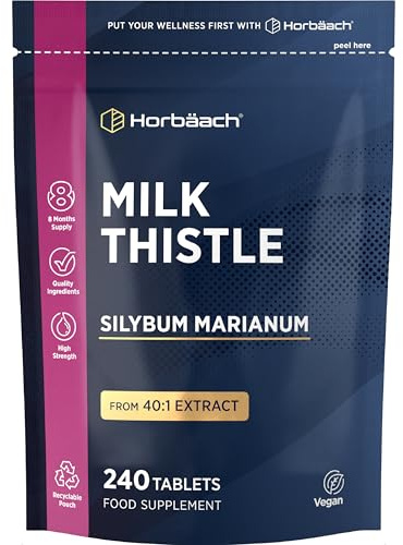 Milk Thistle Tablets | High Strength 240 Vegan Tablets | 8-Month Supply | Silybum Marianum Extract | Recyclable & Resealable Pouch | by Horbaach