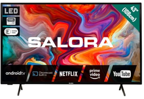 SALORA SMART43TV – Smart TV da 43 Pollici con Android, Display LED Full HD, HDR10, Chromecast Integrato, Dolby Audio, Wi-Fi, Bluetooth, 3x HDMI – Classe energetica E– Ideale per Casa o Ufficio