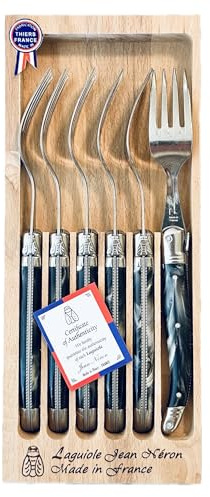 Jean Neron Set of 6 Table Forks in Wooden Box | Made in France Stainless Steel | ABS (Thermoplastic) Handle (Black Marble) (10101)
