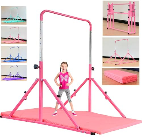 MARFULA Foldable Gymnastic Bar for Kids Ages 3-12, 9 Height Levels, 200 lbs Weight Capacity, 5 Ft Length Gymnastic Kip Bar with Mat, Gymnastic Equipment for Home and Gym Center Indoor Outdoor Use