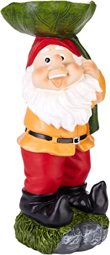 Brubaker Nano da Giardino con Foglia per Acqua Piovana e Cibo per Uccelli - Gnomo Felice - Divertente Figura di Giardino - Decorazione Resistente alle Intemperie per Esterni - 24 cm