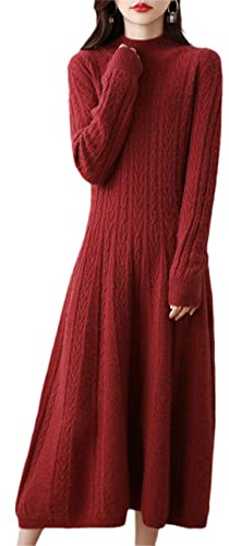 Hamthuit Vestidos de mujer Suéter de cachemira Vestido largo de lana Mujer Cuello alto Falda de oficina Otoño Invierno, Red, XL