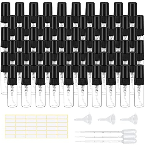 Mini Flacone Spray: Bottiglie Spray Trasparente, 60 Pezzi 3ml Mini Bottiglia di Profumo in Vetro, Flacone in Vetro per Spruzzatore con Imbuto e Pipette, Spruzzino Nebulizzatore per Liquidi Cosmetici