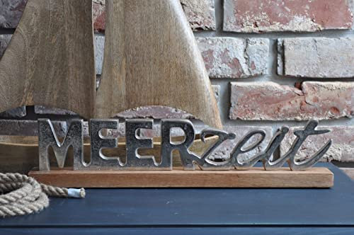 Holzfabrik Deko-Aufsteller in Mahagoni-Holz und Metallschrift MEERzeit Schriftzug