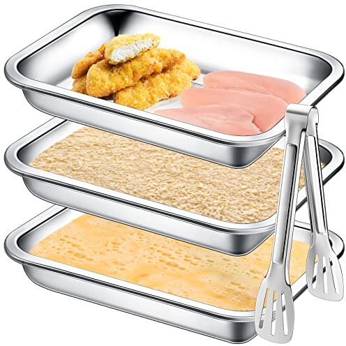 Mumufy Breading Trays Set of 3 Large Stainless Steel Breading Pans with Tong for Dredging Chicken Breasts and Marinating Meat, Food Prep Trays for Breadcrum Dishes (10.63 x 7.87 x 1.9 Inches)