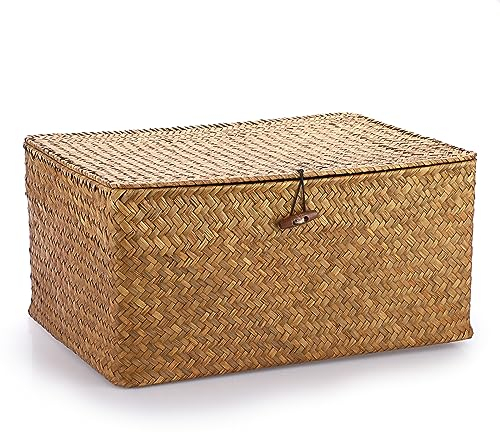 IGNPION Seagrass Storage Basket with Lid Woven Wicker Desktop Basket Rectangular Bathroom Storage Organiser Box, Living Room Decorative Under Shelf Basket Multipurpose Storage Hamper (XL, Caramels)
