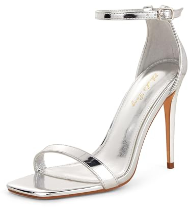 Zhabtuc Sandalen Sommer Sandaletten Damen mit Absatz Elegante Schuhe Peep Toe, 11 CM Stiletto Heel, Komfortable Klassische Pumps mit Knöchelriemen und Fersenumwicklung, Silber, 37 EU