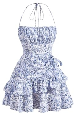 Floerns Women's Floral Halter Ruffle Tiered Cute Summer Mini Dress Milkmaid Vacation Sundress Blue and White