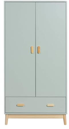 Rebecca Mobili Armadio per Bambini, Guardaroba Salvaspazio, Verde Acqua Marrone, MDF Pino, con 1 Cassetto 2 Ante, per Cameretta Montessoriana - Misure HxLxP: 175 x 80 x 55 cm - Art. RE6988