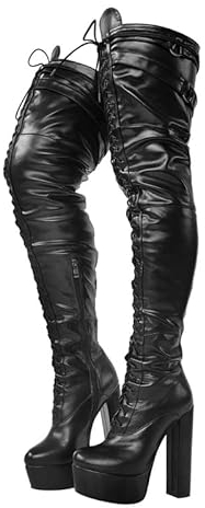 blingqueen Damen Overknee Plateau Stiefel Blockabsatz Schnürstiefel mit Reißverschluss PU Schwarz 42 EU