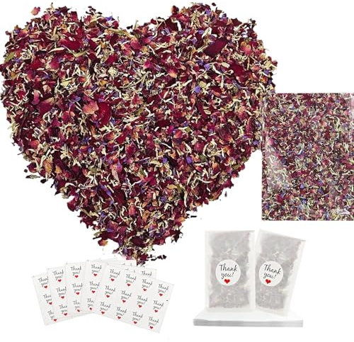 50 Sets Wedding Confetti Bags Kit for 50 Guests, 150g Natural Dried Flower Dried Rose Petals, Dried Flower Confetti Biodegradable, Glassine Paper Bags Stickers for Wedding Party Christmas Decor