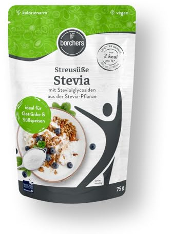 BORCHERS Streusüße Stevia 75g, Stevia-Maltodextrin Mischung, 1:1 wie Zucker, kalorienarm & zuckerfrei, leicht löslich, Zuckerersatz, Zuckeralternative