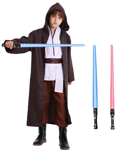 Costume de Jedi pour enfant avec bleu et rouge Lightsaber Obi Wan Kenobi, tunique, manteau, à capuche, tenue médiévale et cosplay, ensemble pour garçons, Halloween, carnaval G061-XXL