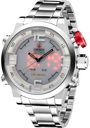 Avaner klockor män militärklocka rostfritt stål armband: Herrklocka med dubbel display taktisk klocka LED kronograf larm 3 ATM armbandsur analog kvartsur för män, silver, Militär