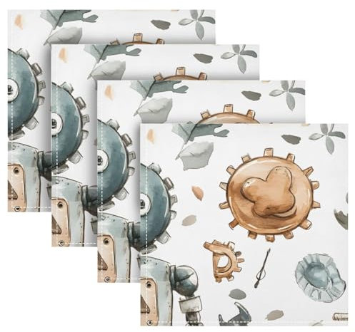 SKYSHU Watercolor Robot Cloth Napkins Set of 4, Reusable Washable Oversized Table Napkins for Family Wedding Dinner Party Home Decor, 20 Inch