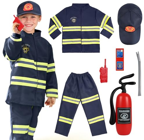 AYBUY Brandkårskostym set för barn, brandmanskostym barn, brandkår, rollspel med leksaksbrandsläckare, tvättbar brandmans-set för karneval, temafest