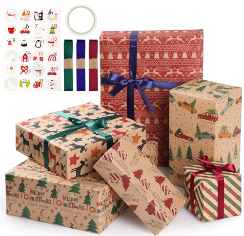 Simpeak Papel De Regalo Navidad, 6 Hojas de 70 x 50 cm, Papel Kraft con Cinta y Pegatinas - Elementos Navideños Surtidos, Papel de Regalo con Temática Navideña
