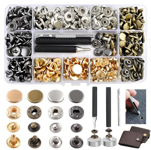 ComPDCVD 120Set Corchetes de Presión Metálicos 12.5mm Botones de Presión Remaches de Cuero 4 Colores Botones Automáticos Kit de Herramienta de Botón Snap Metal para Ropa Jeans Bolsos Cuero Artesanía