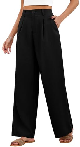 HEEKPEK Pantaloni Donna Estivi Larghi Pantaloni Leggeri Elastico Vita Alta Lunghi Gamba Larga Eleganti Pantalone Bottoni Solido Sciolto Freschi Comodi con Tasche (Nero, XXL)