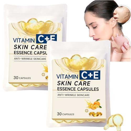 Vitamin C-anti-aging serumkapslar för ansikte, anti-rynk kollagenkapslar, ljusande och fuktgivande ansiktsserum för mörka fläckar, fina linjer och rynkor (2 stycken)