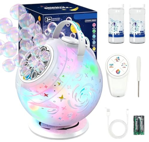 Encuryna Máquina de pompas de jabón recargable con control remoto, 10 agujeros, rotación de 90°/360°, LED, USB-C, 45 minutos de duración, pompas de jabón grandes, para fiesta de cumpleaños, boda