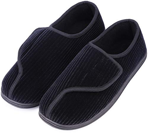 LongBay Men's Memory Foam Diabetic Slippers Comfy Warm Plush Fleece Arthritis Edema Swollen House Shoes (12, Black)