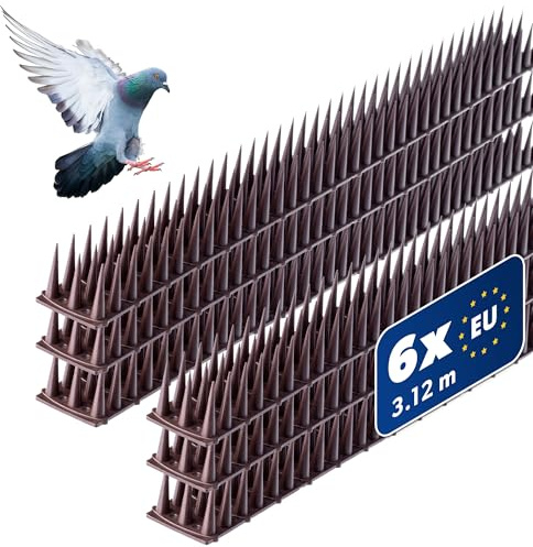 KADAX fågelförsvar gjord av plast, 52 x 4,5 x 3,5 cm, djurförsvar, 3-rader, spikar för katt, marten, duva, döv, fönsterbräda, tak, duva försvar, fågelskydd, robust (6, brun)