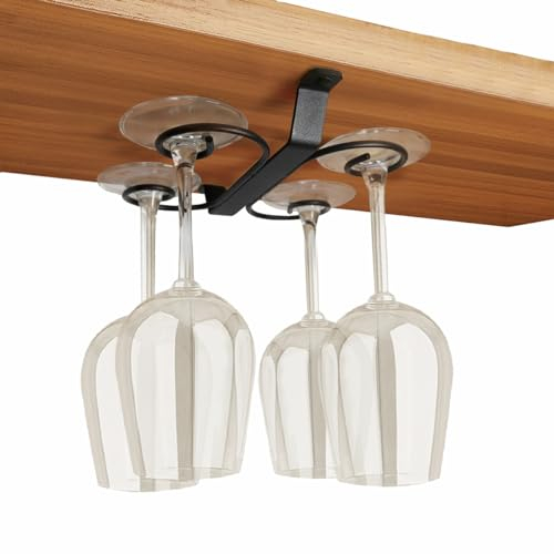 GeLive 9-inch Under Cabinet Wine Glass Holder Stemware Rack Glass Storage Hanger With 4 Hooks Organizer for Kitchen Bar RV (Black)