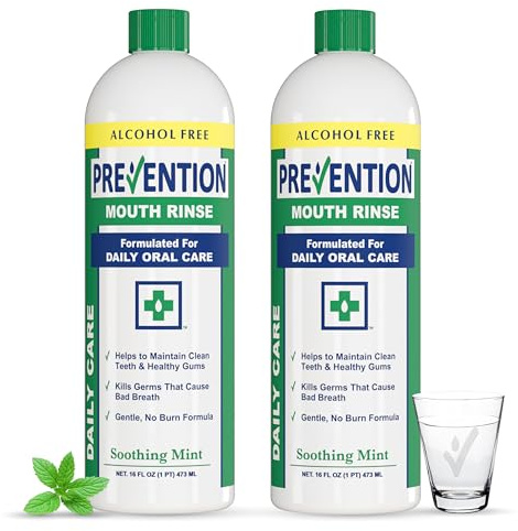 Prevention Daily Care Alcohol-Free Mouthwash, Hydrogen Peroxide Teeth Whitening with Soothing Fresh Mint for Bad Breath Treatment, Fluoride-Free Gum Care Oral Mouth Rinse 16 oz 2 Pack