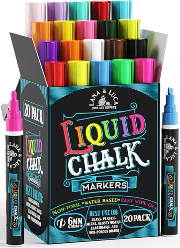 LANA & LUCA Liquid Chalk Markers for Blackboards - Bold Color Dry Erase Marker Pens - Chalk Markers for Chalkboards Signs, Windows, Blackboard, Glass - 6mm Reversible Tip (20 Pack)
