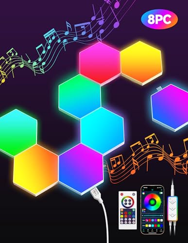 TECKNET Hexagon LED Panel, 8pcs LED Sechseck Gaming Wandleuchte, RGB Sechseck Waben Wall Light mit Fernbedienungen, Musik Sync, APP-Kontrolle, Smart Sechseckige Lampe für Zimmerdekoration, Gaming