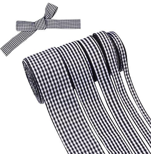 Pandahall 5 Rollen Gingham-Band, schwarz-weiß kariert, Polyesterband, Picknickband, Weihnachtsband, für Schleifen, Nähen, Geschenkverpackungen, Hochzeit, Brautparty