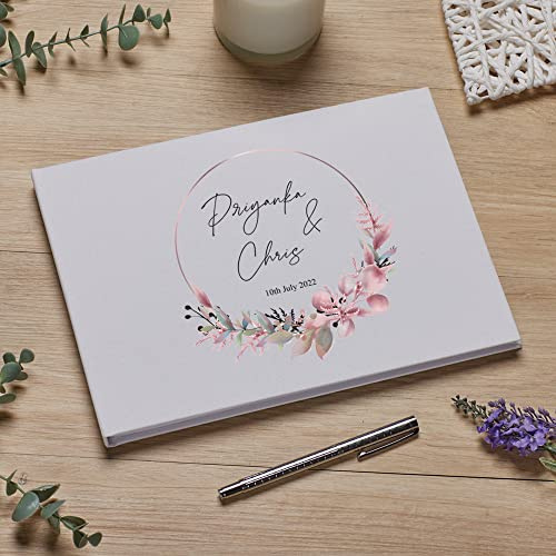 Personalised Large A4 Floral Wreath Wedding Linen Guest Book | Hard Cover, 80 Pages