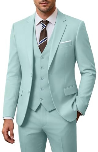 ZKHOECR Costume 3 pièces pour Homme, Coupe ajustée, avec Blazer à Deux Boutons, Gilet et Pantalon, Couleur Unie, pour Les Affaires et Les Mariages, Vert Menthe, Taille L