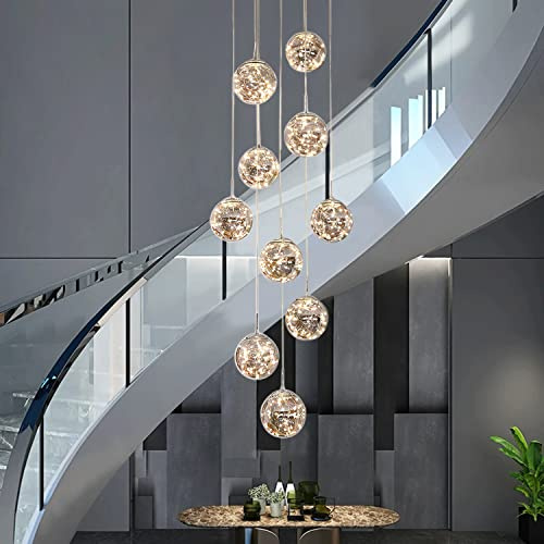 KAUCQI LED Lámpara de Colgante de 10 Bolas de Cristal, Lámpara de Araña LED de Escalera, 50W Araña de Gypsophila Creativa, Longitud Ajustable, Lámparas de Techo Modernas Para Villas, Escaleras